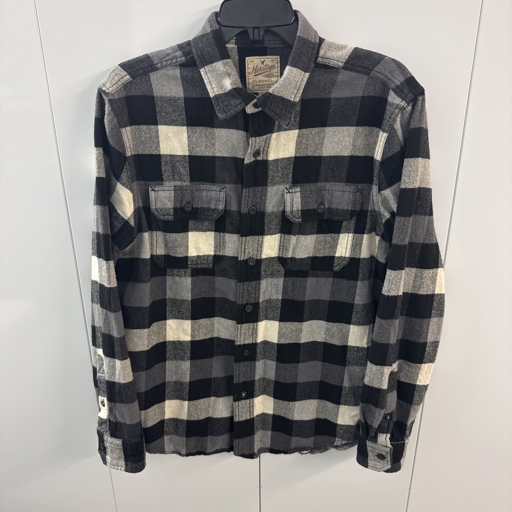 AMERICAN EAGLE Heritage Flannel Shirt Men M Black Gray Buffalo Plaid Grunge Goth